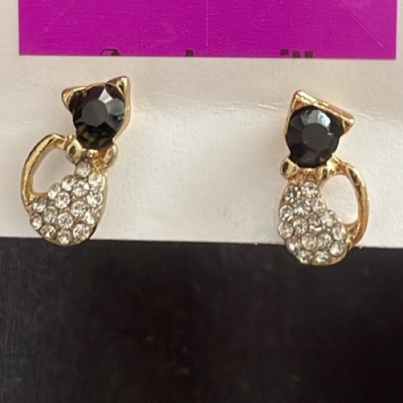Adorable Cat Earrings - Gold Finish with Black Stone & Rhinestones - Picture 9 of 11